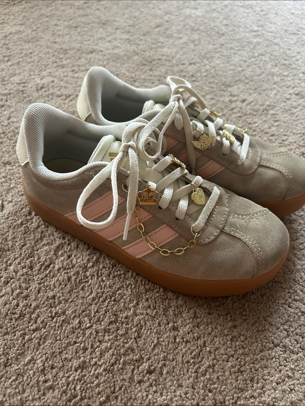 Girls Adidas Pink-Striped Suede Sneakers - Picture 2 of 5